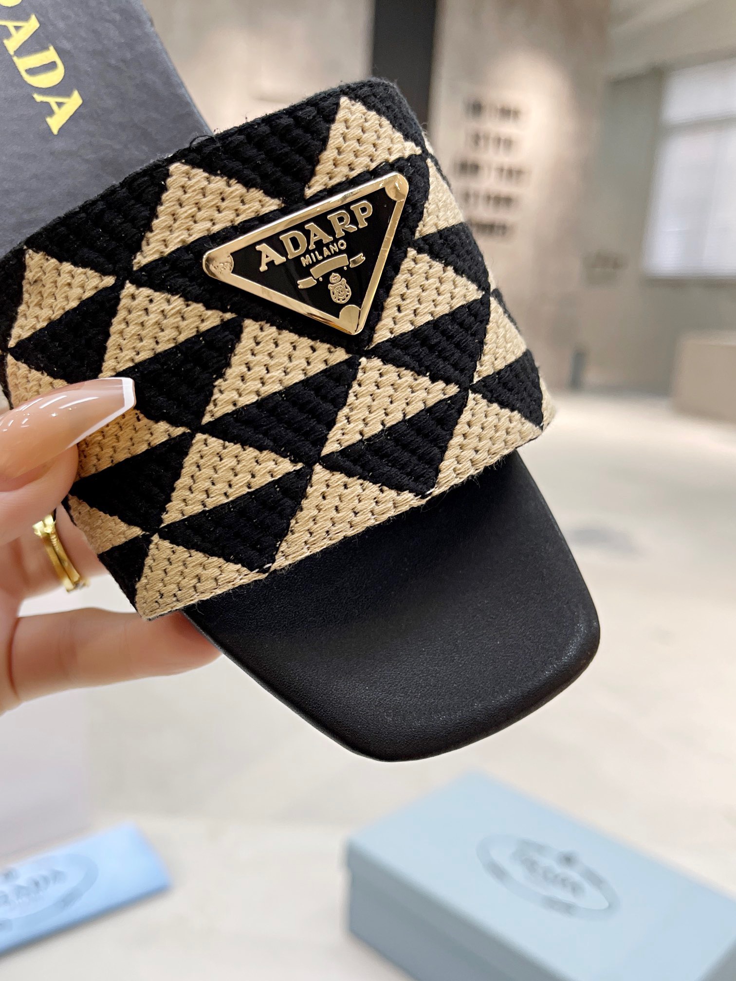 PRADA Triangle printed fabric slippers