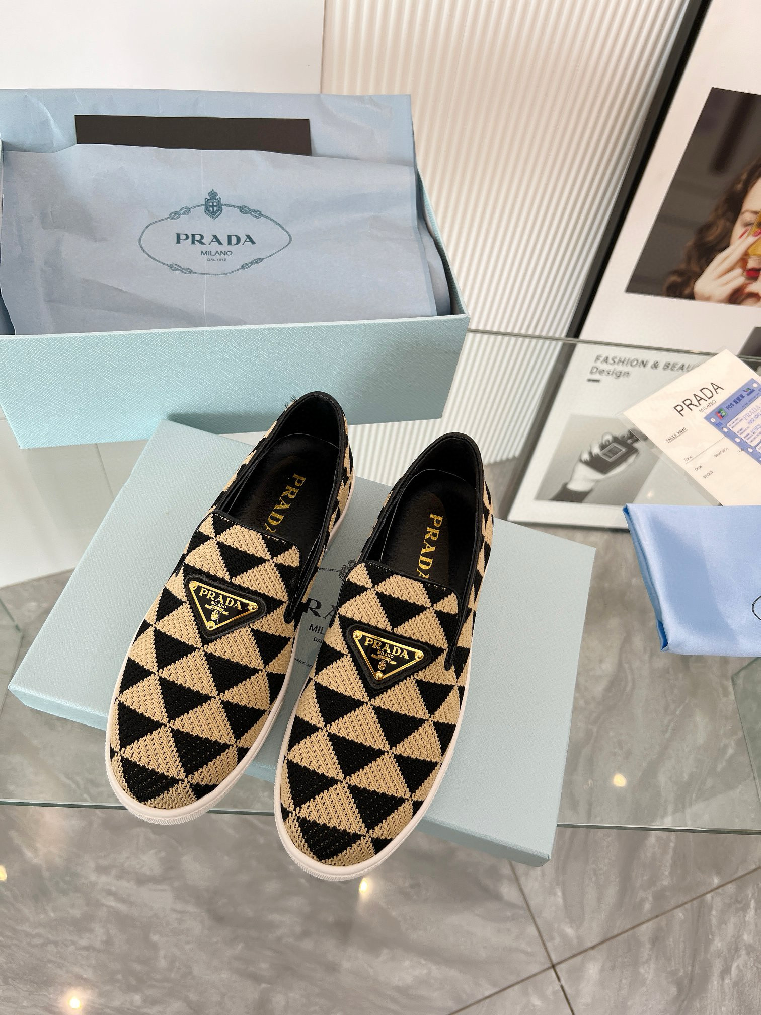 PRADA Embroidered fabric slip-on shoes
