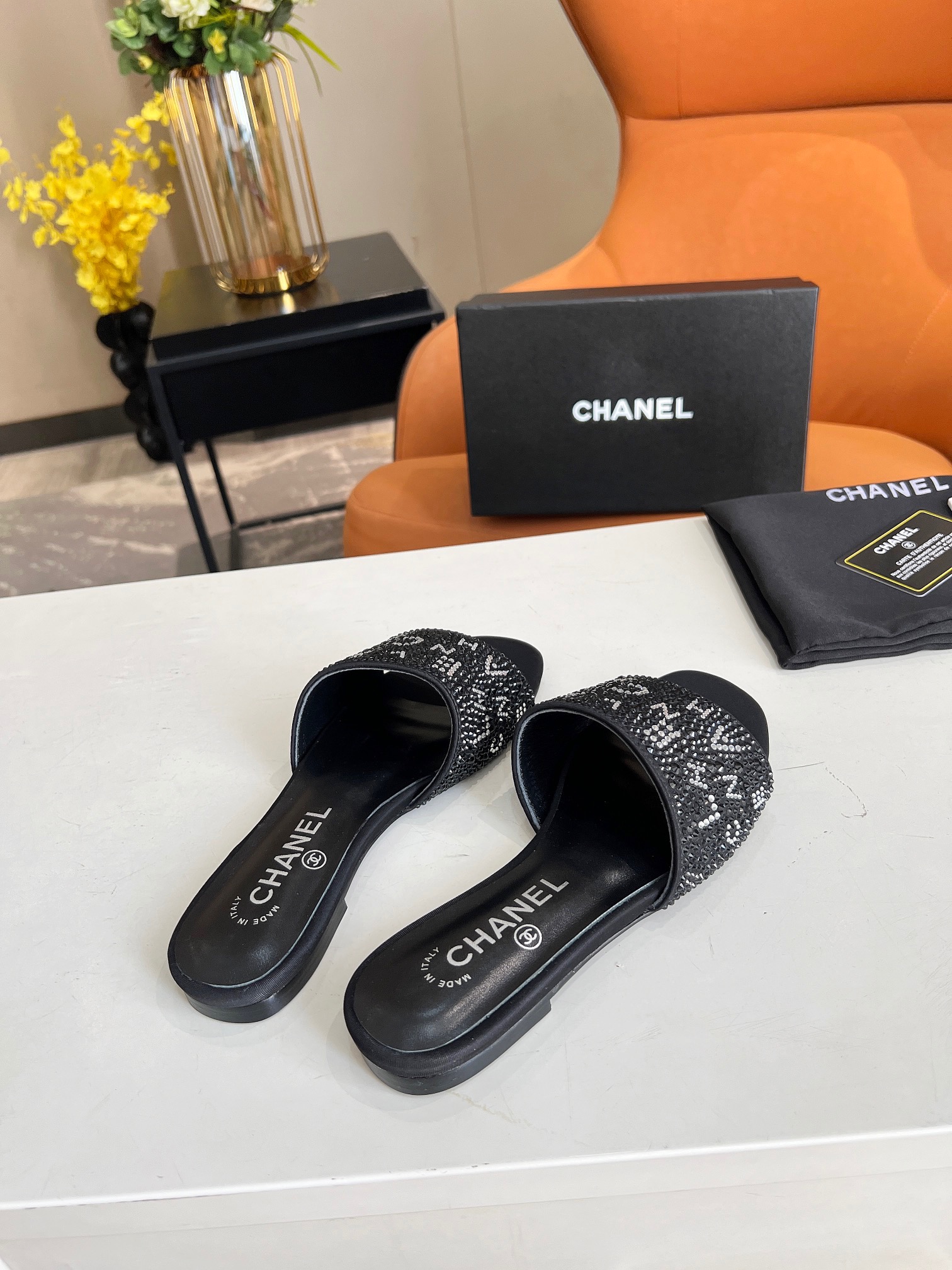CHANEL Rhinestone Slippers