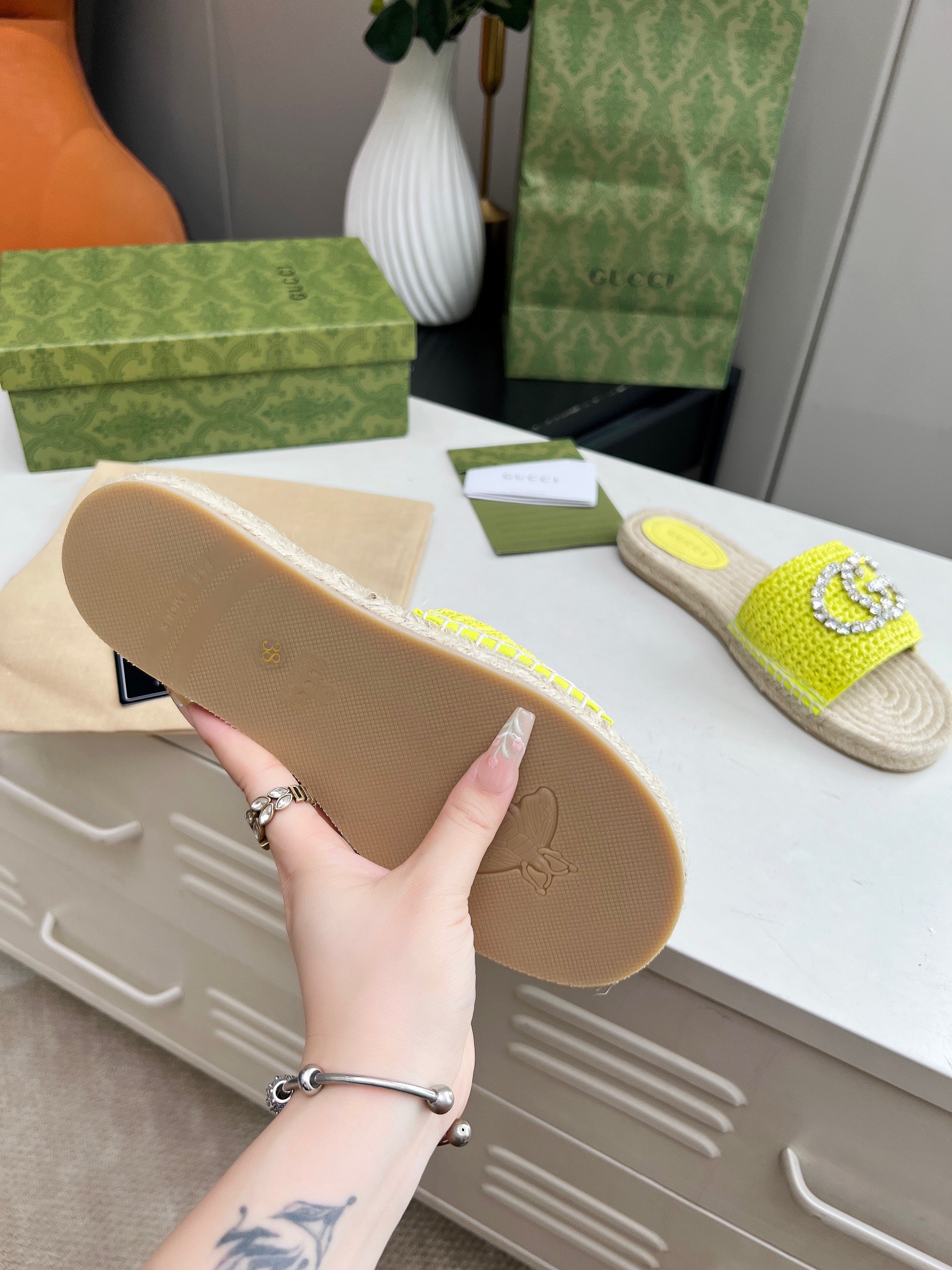 GUCCI Rhinestone Woven Slippers