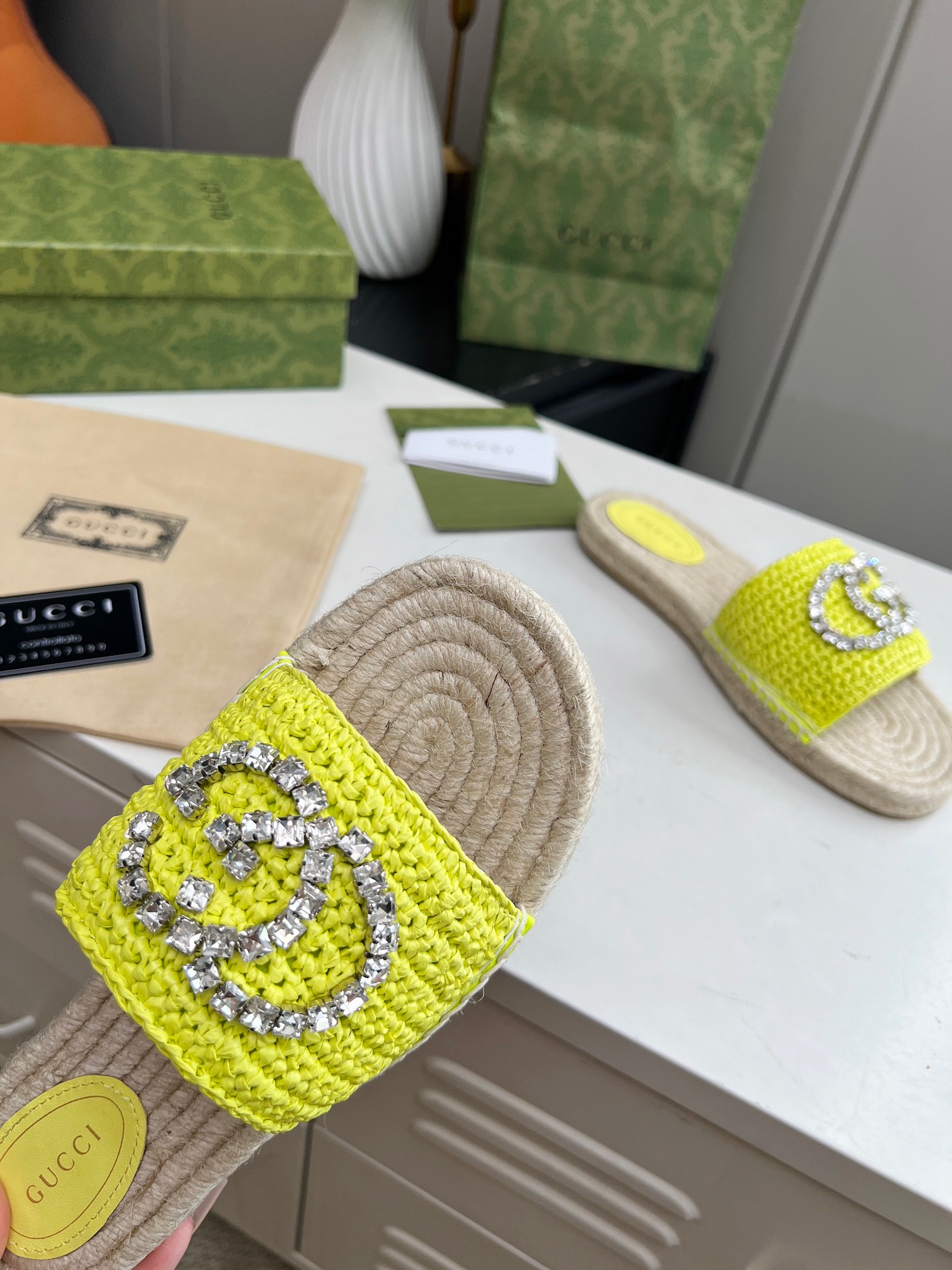 GUCCI Rhinestone Woven Slippers
