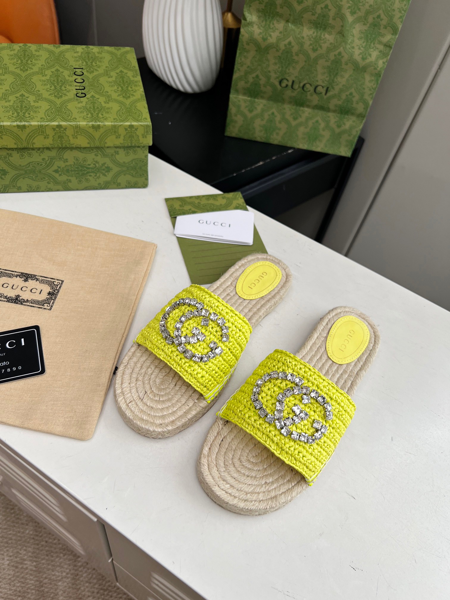 GUCCI Rhinestone Woven Slippers