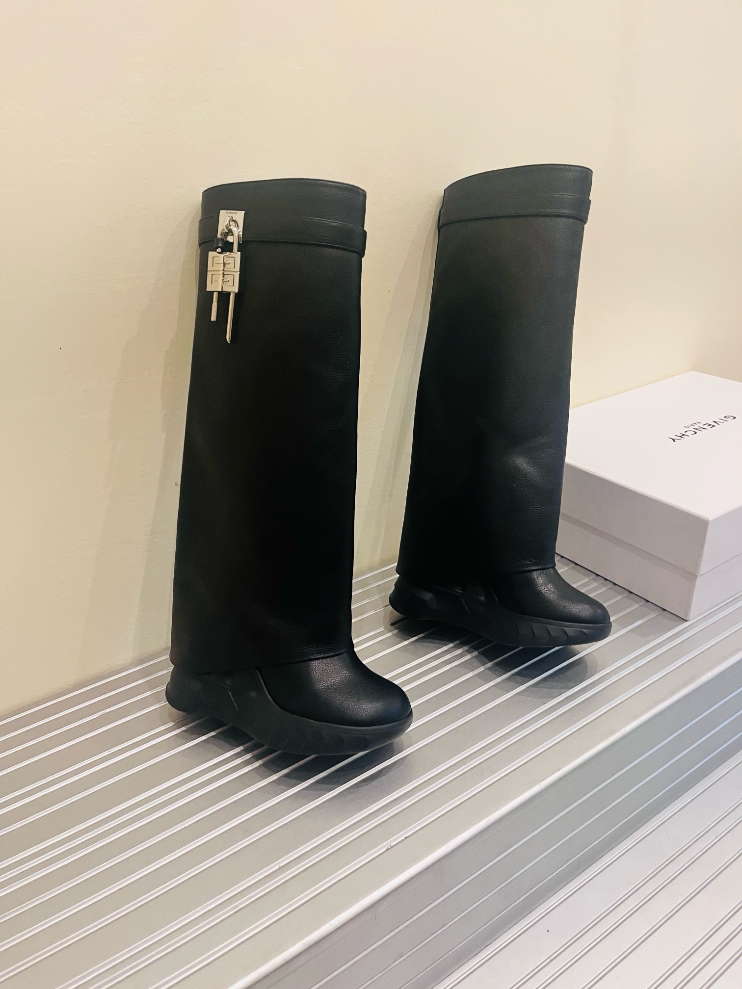 Givenchy Shark Lock Biker Leather Knee-high boots