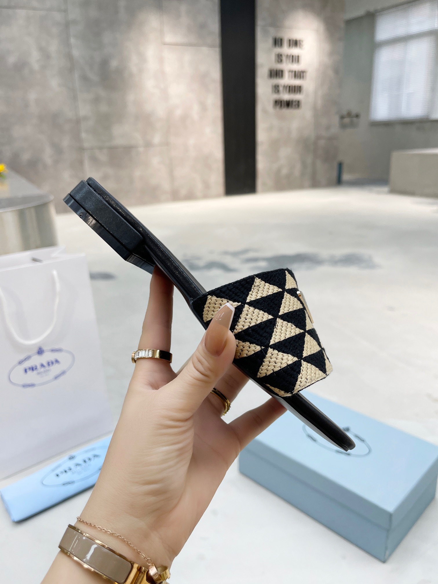 PRADA Triangle printed fabric slippers