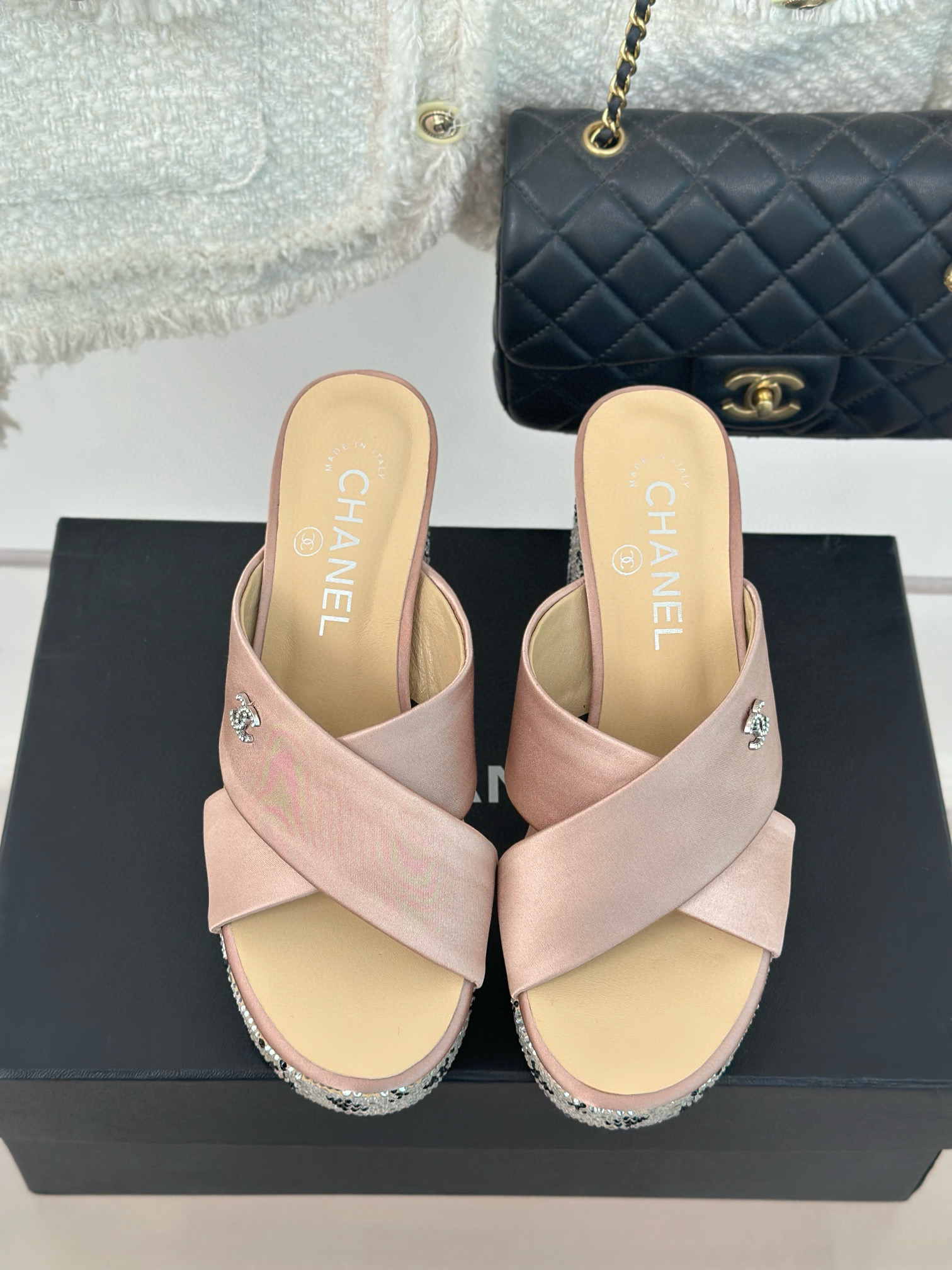 CHANEL Rhinestone cross platform slippers