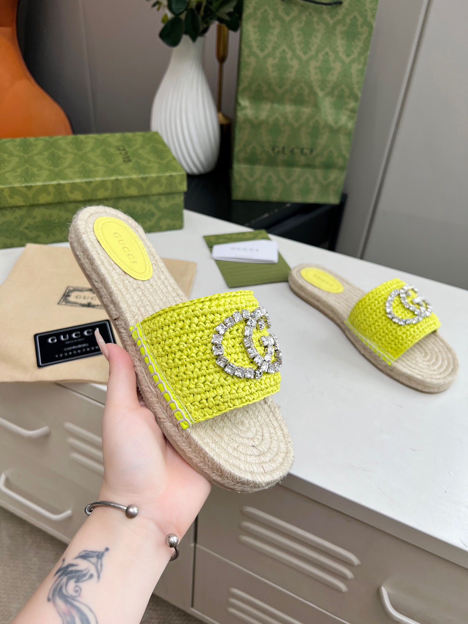 GUCCI Rhinestone Woven Slippers