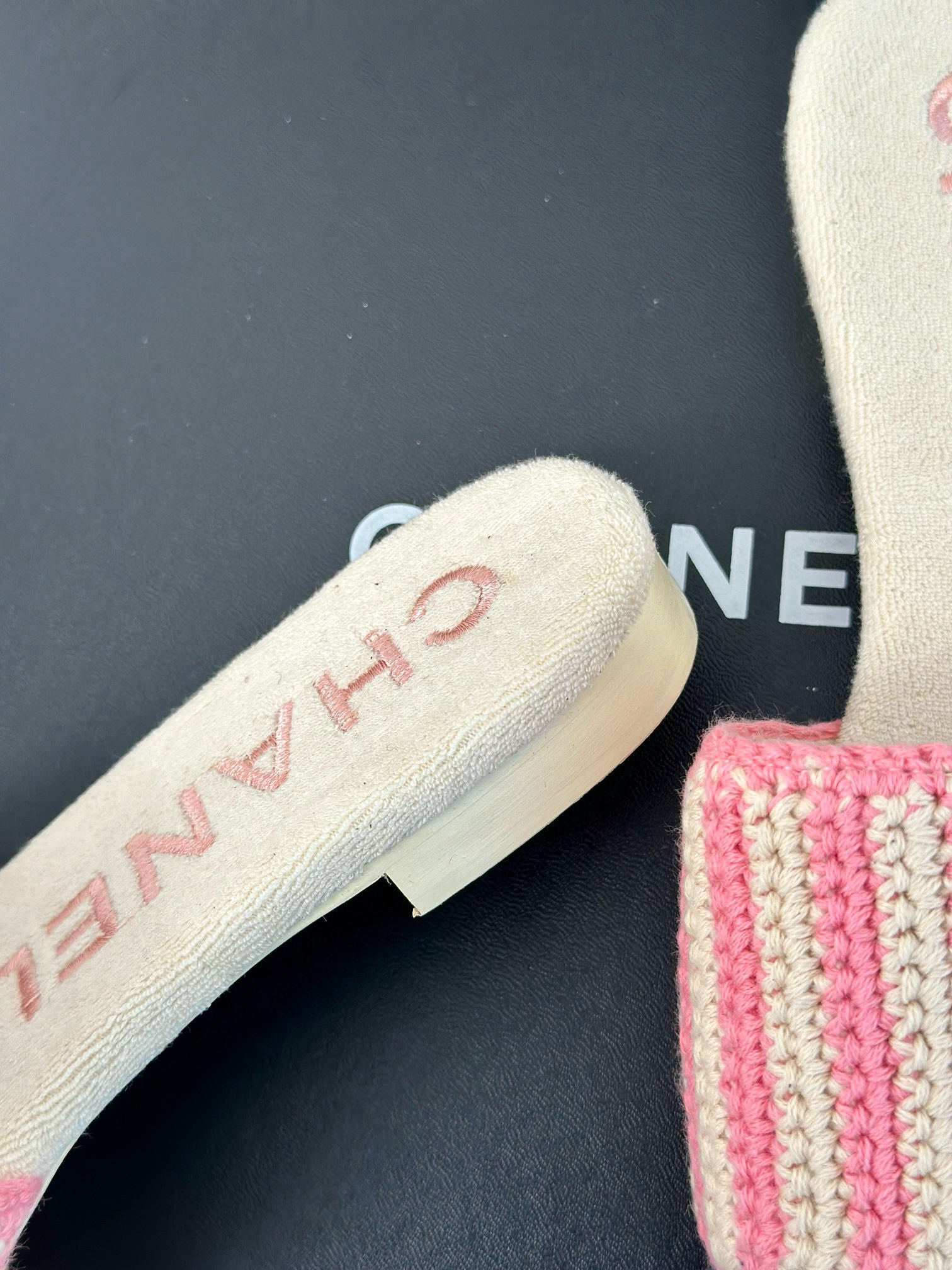 CHANEL striped knitted slippers